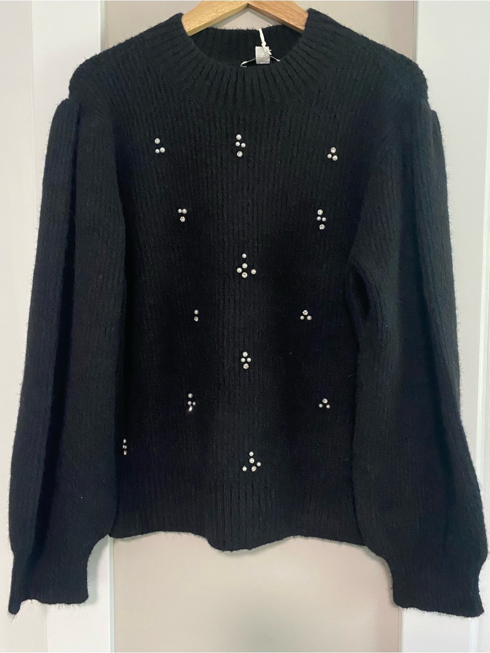 Embellished Black Crewneck Sweater with Pearl Accents